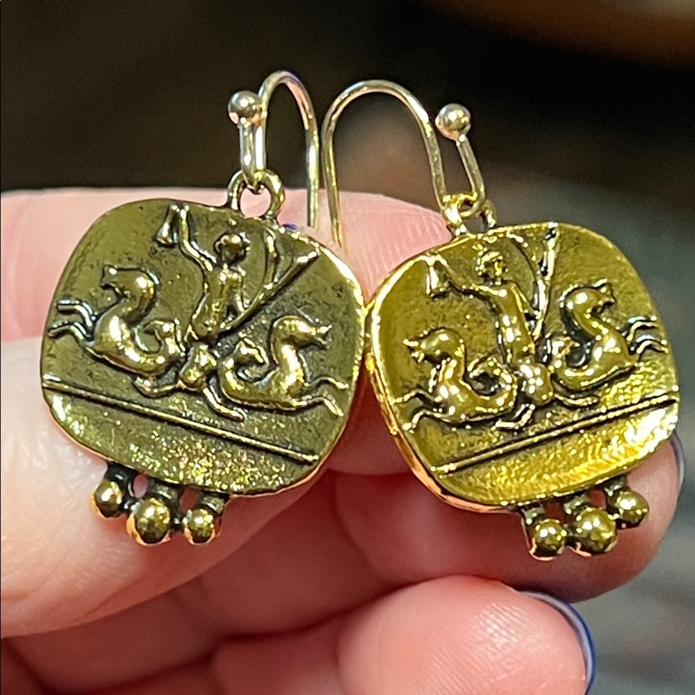 Vintage Style Etruscan Medallion Stamped Coin 18k Gold Plated Earrings